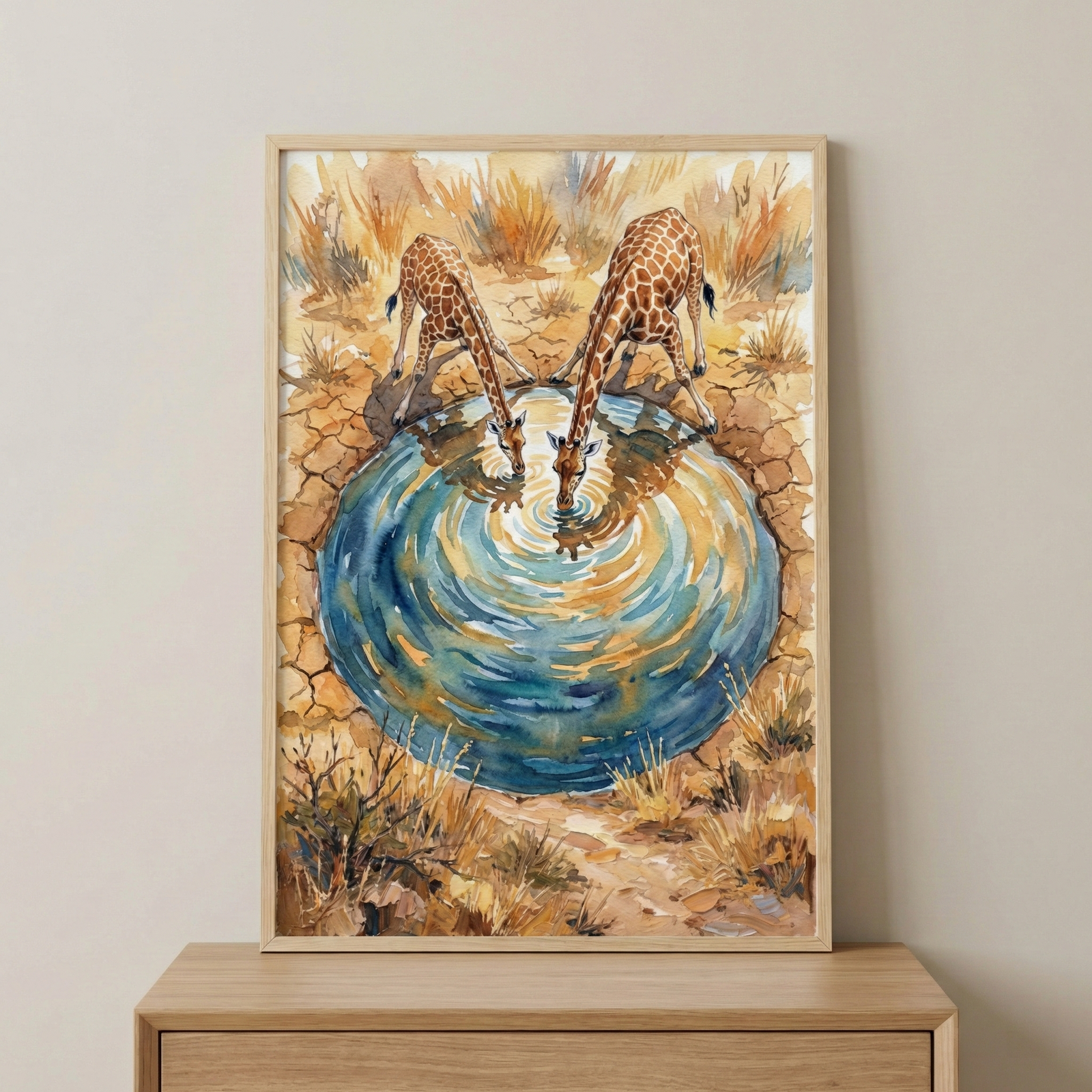 A framed watercolor painting depicts two giraffes drinking from a circular waterhole, creating ripples. The scene is set in a dry, grassy landscape with cracked earth surrounding the water.
