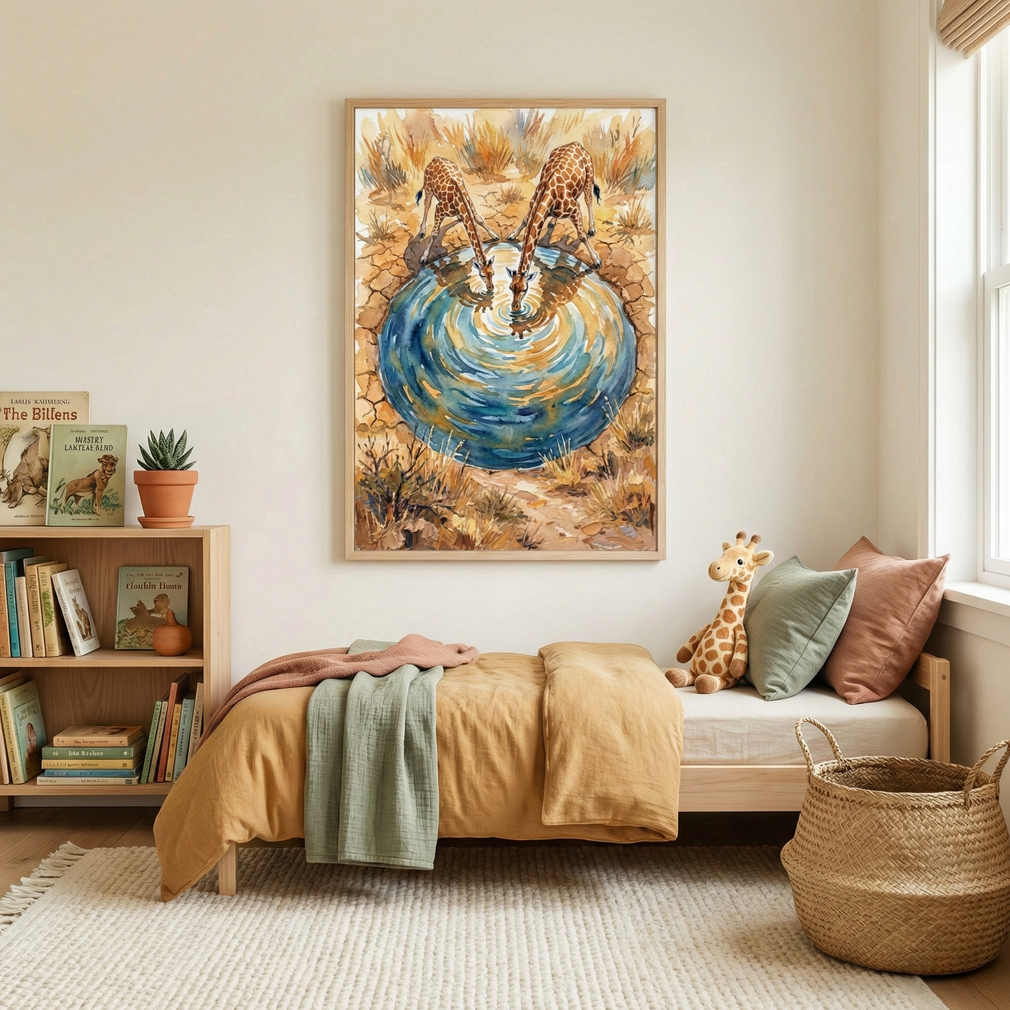 A cozy child's bedroom featuring a large piece of wall art showing two giraffes drinking from a circular blue pool in a dry, grassy landscape. Below the artwork, a wooden bed is neatly made with ochre linens and a sage green throw. A plush giraffe toy and soft green and pink pillows are tucked against the wall. To the left, a wooden bookshelf holds a collection of children's books and a small potted plant. A woven wicker basket sits on a textured white rug under soft, natural light.