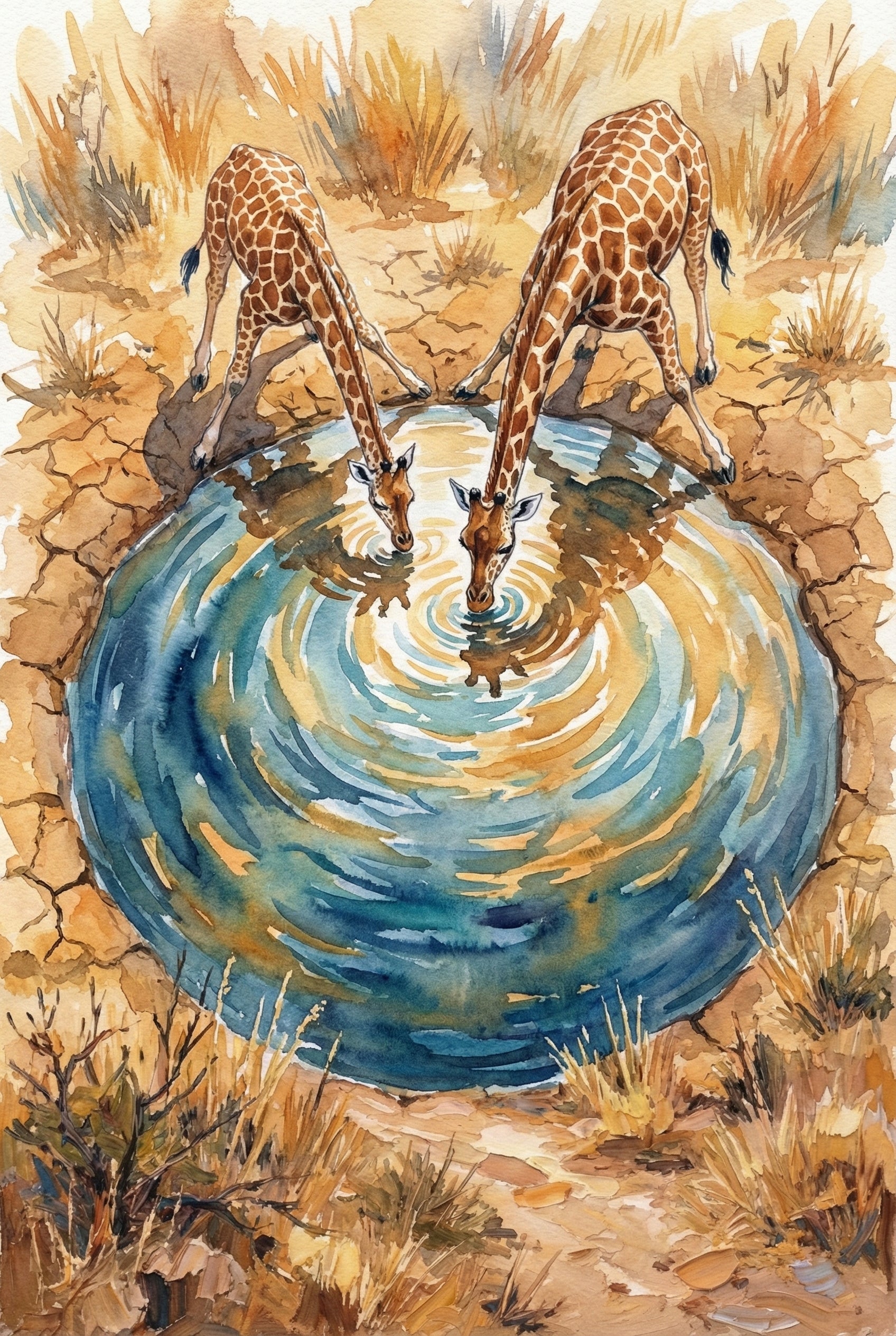 A watercolor illustration depicts two giraffes, one larger and one smaller, leaning over a small, circular pool to drink. Their long legs are splayed wide on the dry, cracked earth as they lower their heads to the water's surface, creating gentle ripples. The pool's surface reflects hues of blue, teal, and yellow. Sparse, tall, dry grass and scrubby bushes grow in the surrounding arid landscape, rendered in warm tones of ochre and tan with soft, visible brushstrokes.
