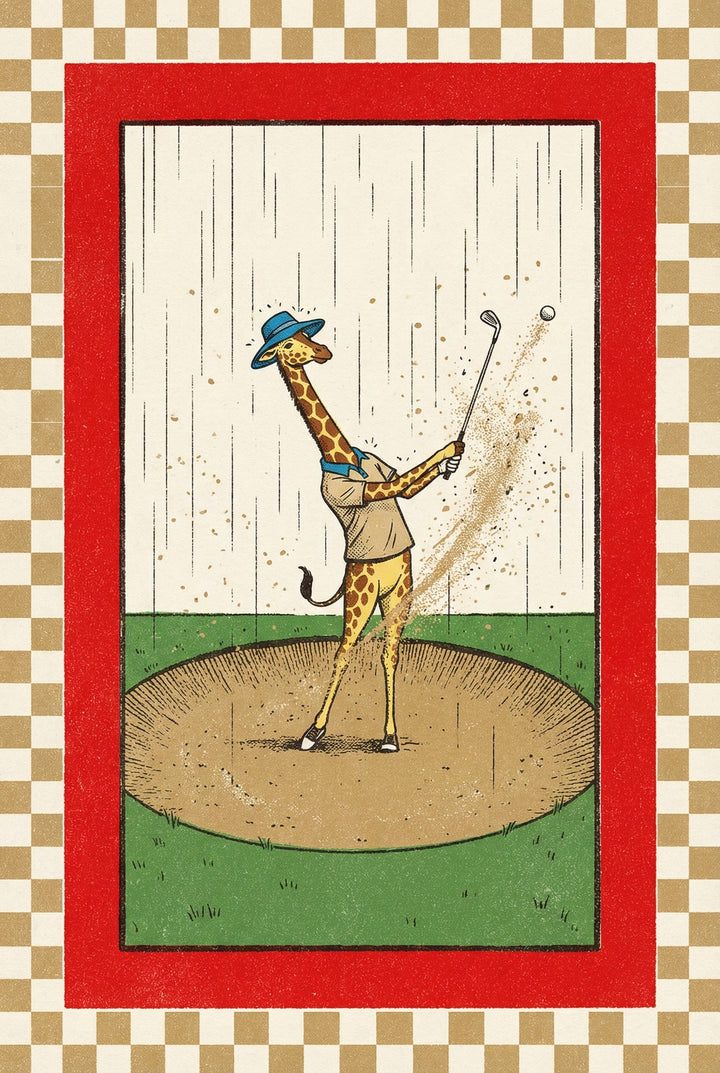 Illustration of a giraffe swinging a golf club from a sand trap, dressed in a tan shirt and blue hat, as sand flies from the shot within a tan and white checkered border.