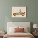 Kid's bedroom with a bed and light wood nightstands. A framed illustration of a giraffe in a green race car with "FACALE" and "7" is centered above the bed.