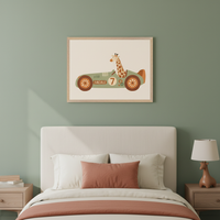 Kid's bedroom with a bed and light wood nightstands. A framed illustration of a giraffe in a green race car with "FACALE" and "7" is centered above the bed.