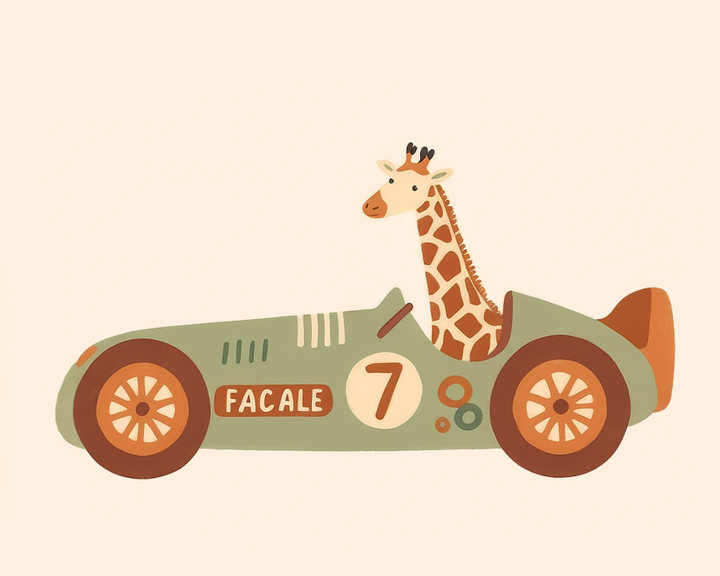 A whimsical illustration of a giraffe sitting in a vintage green race car with orange wheels. The car is marked with the number 7 and the word "FACALE" on its side, set against a pale background.