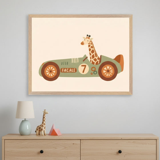 Modern kid's room with a light wood dresser. A framed print of a cartoon giraffe in a green race car with number 7 and "FACALE" is centered above the dresser. A lamp and wooden giraffe figurine are on the dresser.