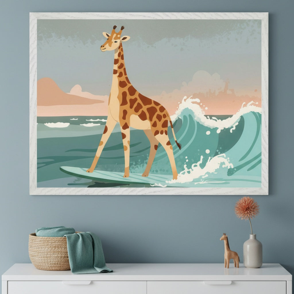 A playful illustration of a giraffe confidently riding a surfboard on an ocean wave, with pastel tones of teal, peach, and pink in the sky and sea. The quirky art hangs above a dresser decorated with giraffe-themed accents, adding a bold and imaginative touch to the room.