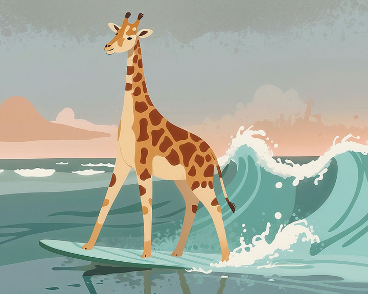 A whimsical illustration of a giraffe surfing on a teal surfboard, riding a wave in a calm ocean. The sky is softly colored with pastel hues, adding to the serene and playful atmosphere.