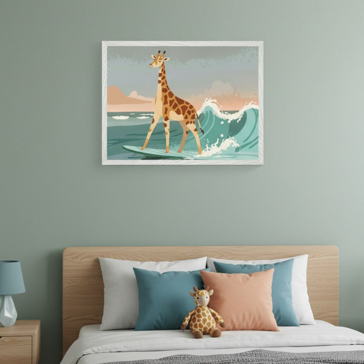 Modern kid's bedroom with a wooden bed frame and headboard. A framed illustration of a giraffe surfing on a turquoise wave hangs centered above the bed. White, teal, and peach pillows, plus a stuffed giraffe toy, are on the bed. A teal lamp sits on a wooden nightstand.