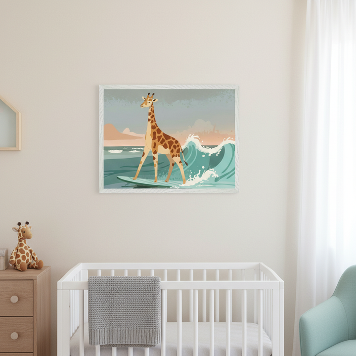 Modern nursery with a white crib, light wood dresser with a giraffe toy, and a teal armchair. A framed illustration of a giraffe surfing on a large wave is hung on the wall above the crib.