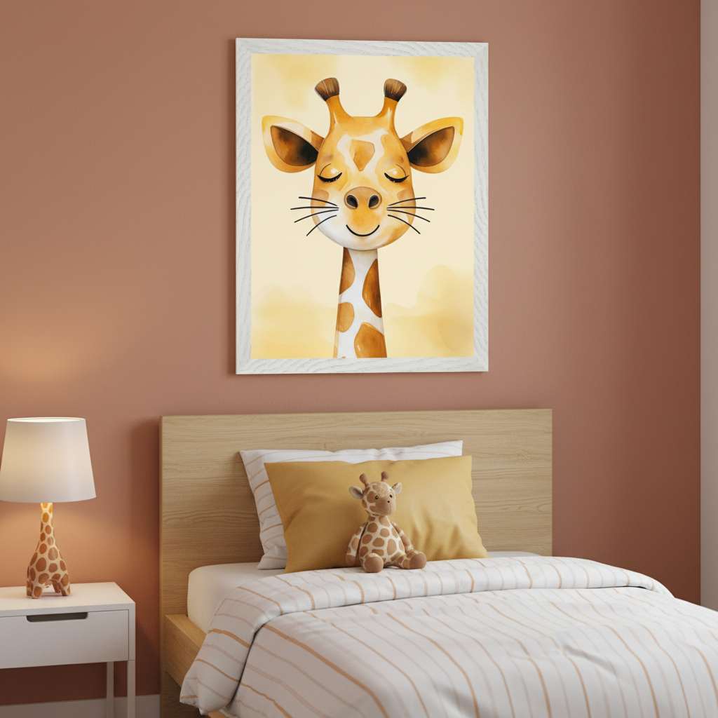Modern kid's bedroom with a light wood bed and white nightstand. Centered above the bed hangs a large framed watercolor illustration of a smiling giraffe's head with closed eyes on a yellow background. A giraffe lamp sits on the nightstand, and a giraffe plush is on the bed.