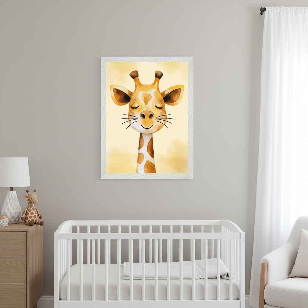 Modern nursery with a white crib and wood dresser. A framed watercolor print of a smiling, sleeping giraffe hangs on the gray wall above the left side of the crib.