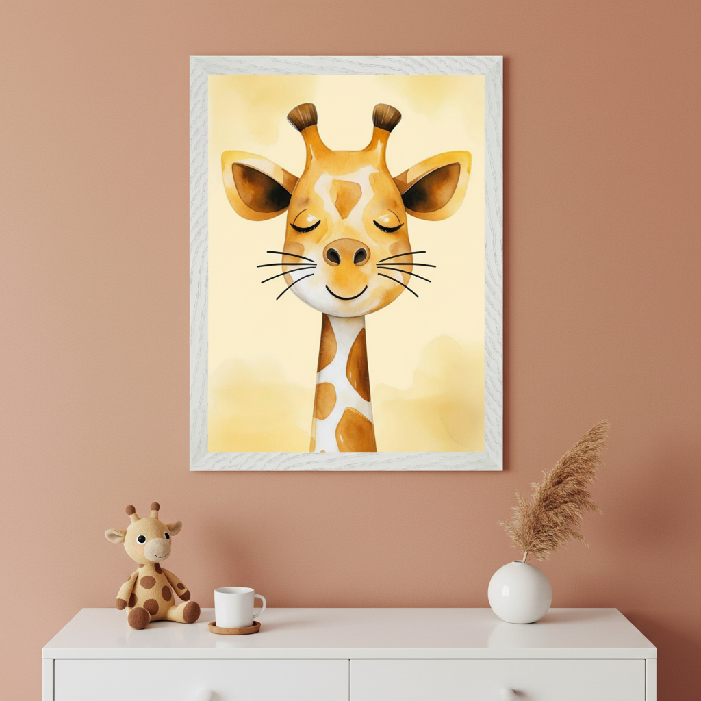 Kid's room with a white dresser against a terracotta wall. A white-framed watercolor print of a smiling, sleeping giraffe hangs above the dresser. A plush giraffe, a white mug, and pampas grass in a vase are on the dresser.