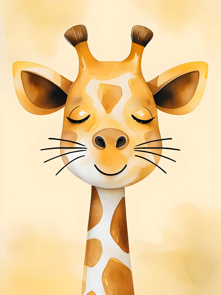 A cute, cartoon giraffe with its eyes closed and a content smile, featuring a warm yellow and orange pattern, set against a soft, light yellow background.