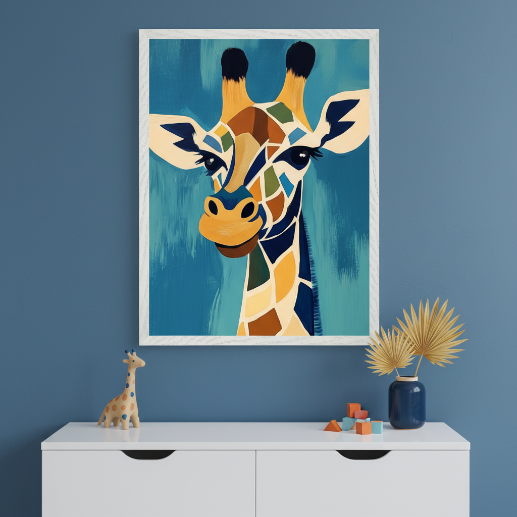 Kid's room with a white dresser against a blue wall. A large framed print of a mosaic-style giraffe head on a blue background hangs above the dresser. A wooden giraffe toy, colorful blocks, and dried palm leaves in a blue vase are on the dresser.