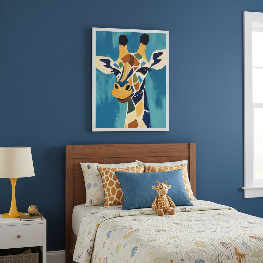 Kid's bedroom with a wooden bed, white nightstand, and blue wall. A large framed print of a colorful, geometric giraffe head hangs centered above the bed. A giraffe plush toy is on the patterned quilt.