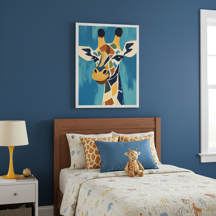 Kid's bedroom with a wooden bed, white nightstand, and blue wall. A large framed print of a colorful, geometric giraffe head hangs centered above the bed. A giraffe plush toy is on the patterned quilt.