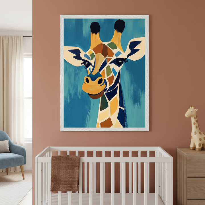 Modern nursery with a white crib, light wooden dresser, and blue armchair. A large framed abstract geometric giraffe head on a textured blue background hangs centered above the crib. A small giraffe toy sits on the dresser.
