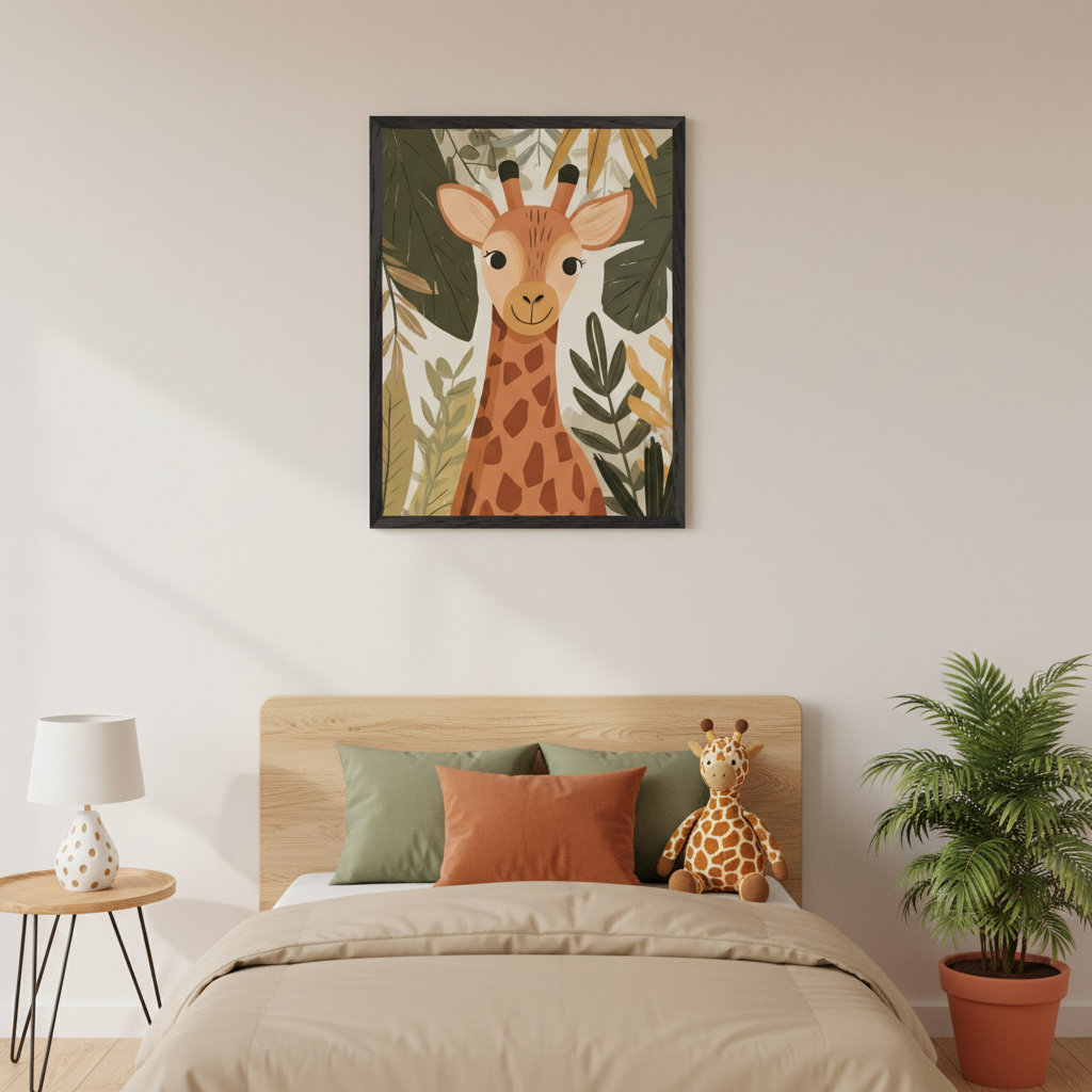 Kid's bedroom with a wooden bed, green and orange pillows, and a giraffe toy. A framed cartoon print of a smiling giraffe with jungle leaves hangs centered above the bed. A lamp on a nightstand and a potted plant are visible.