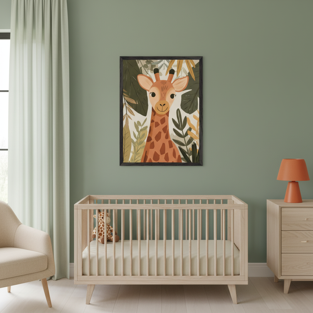 Modern nursery with a light wood crib and dresser against a green wall. A framed cartoon illustration of a giraffe's head amidst tropical foliage hangs centered above the crib. A cream armchair is on the left.
