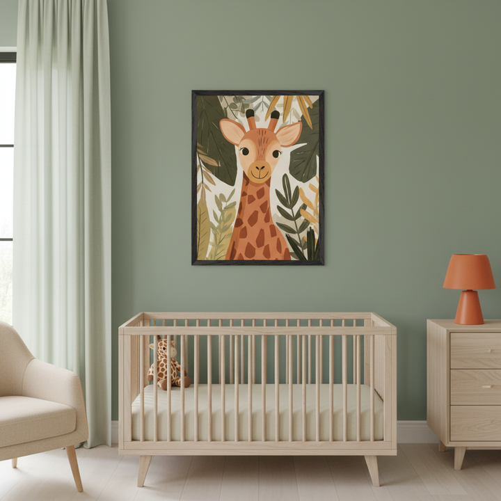 Modern nursery with a light wood crib and dresser against a green wall. A framed cartoon illustration of a giraffe's head amidst tropical foliage hangs centered above the crib. A cream armchair is on the left.