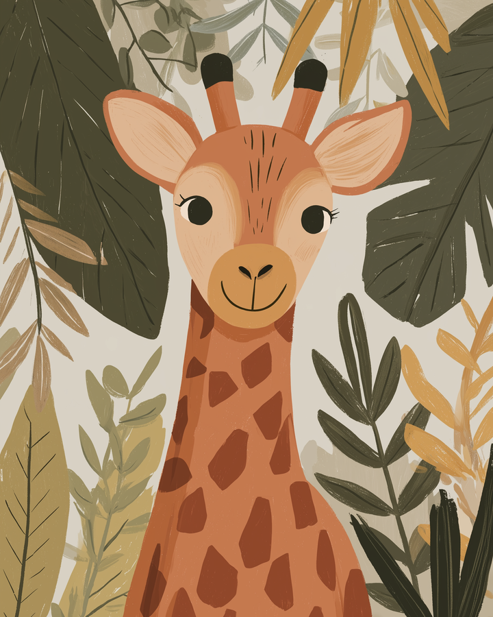 A cute, illustrated giraffe with a smiling face and large eyes stands amidst lush, stylized green and yellow foliage.
