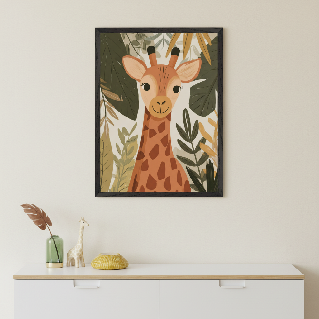 Framed illustration of a smiling giraffe surrounded by large tropical leaves in earthy tones, displayed above a white cabinet. The decor includes a green vase with a faux leaf, a small giraffe figurine, and a yellow woven bowl.
