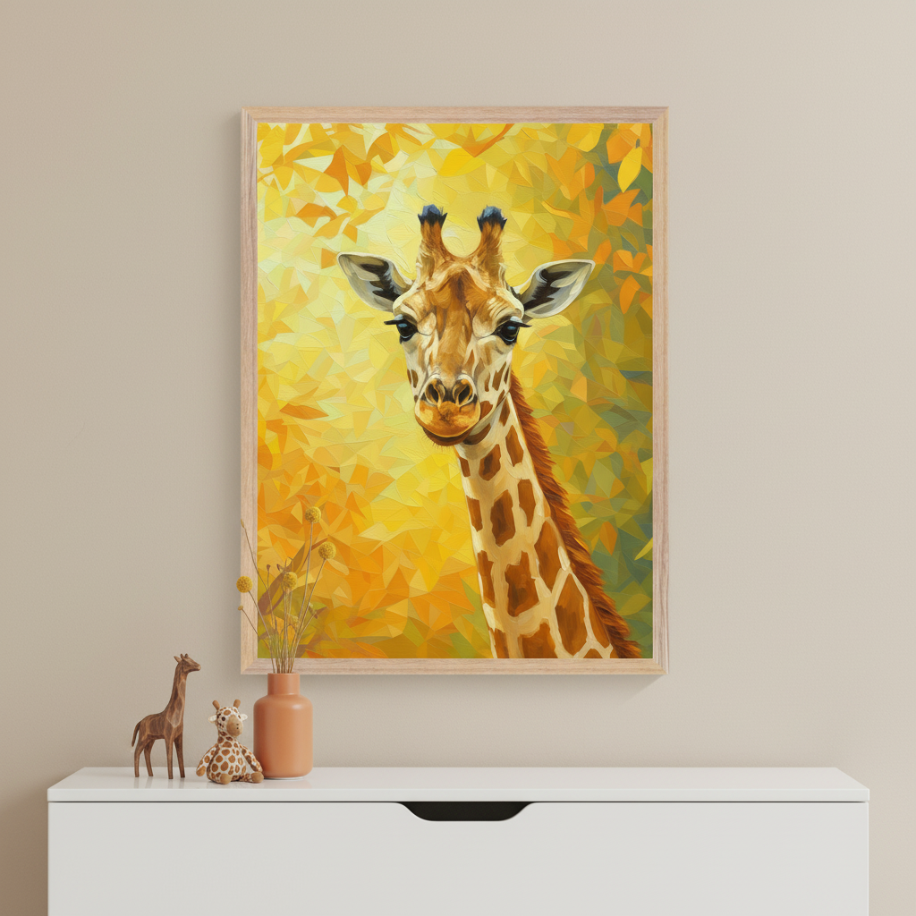 Atwork of a giraffe with soft, geometric golden foliage in the background, displayed above a white dresser with giraffe figurines and a terracotta vase of yellow dried flowers.
