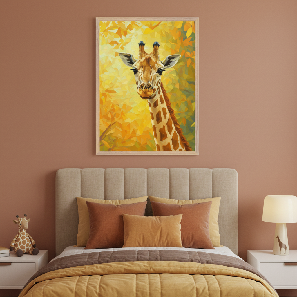 Cool bedroom featuring a bold, colorful giraffe portrait with faceted golden and green leaves, hanging above a bed styled with earth-toned pillows and cozy bedding.