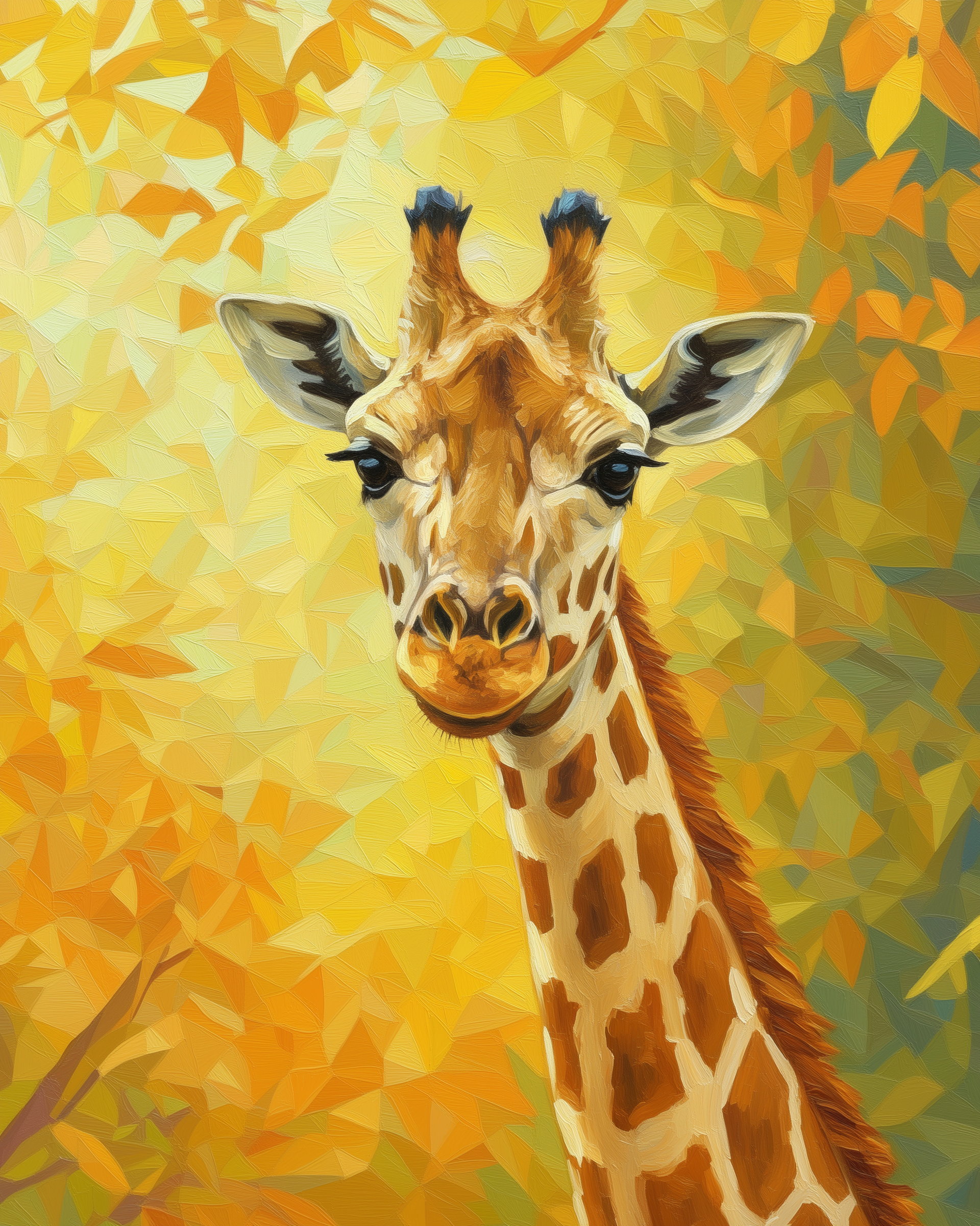 A stylized illustration of a giraffe with a long neck and distinctive brown patches, set against a vibrant, abstract background of yellow and orange geometric shapes, evoking a warm, sunny atmosphere.