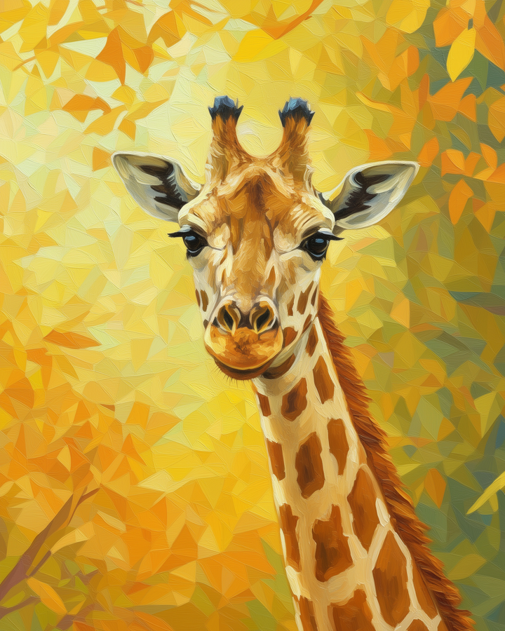 A stylized illustration of a giraffe with a long neck and distinctive brown patches, set against a vibrant, abstract background of yellow and orange geometric shapes, evoking a warm, sunny atmosphere.