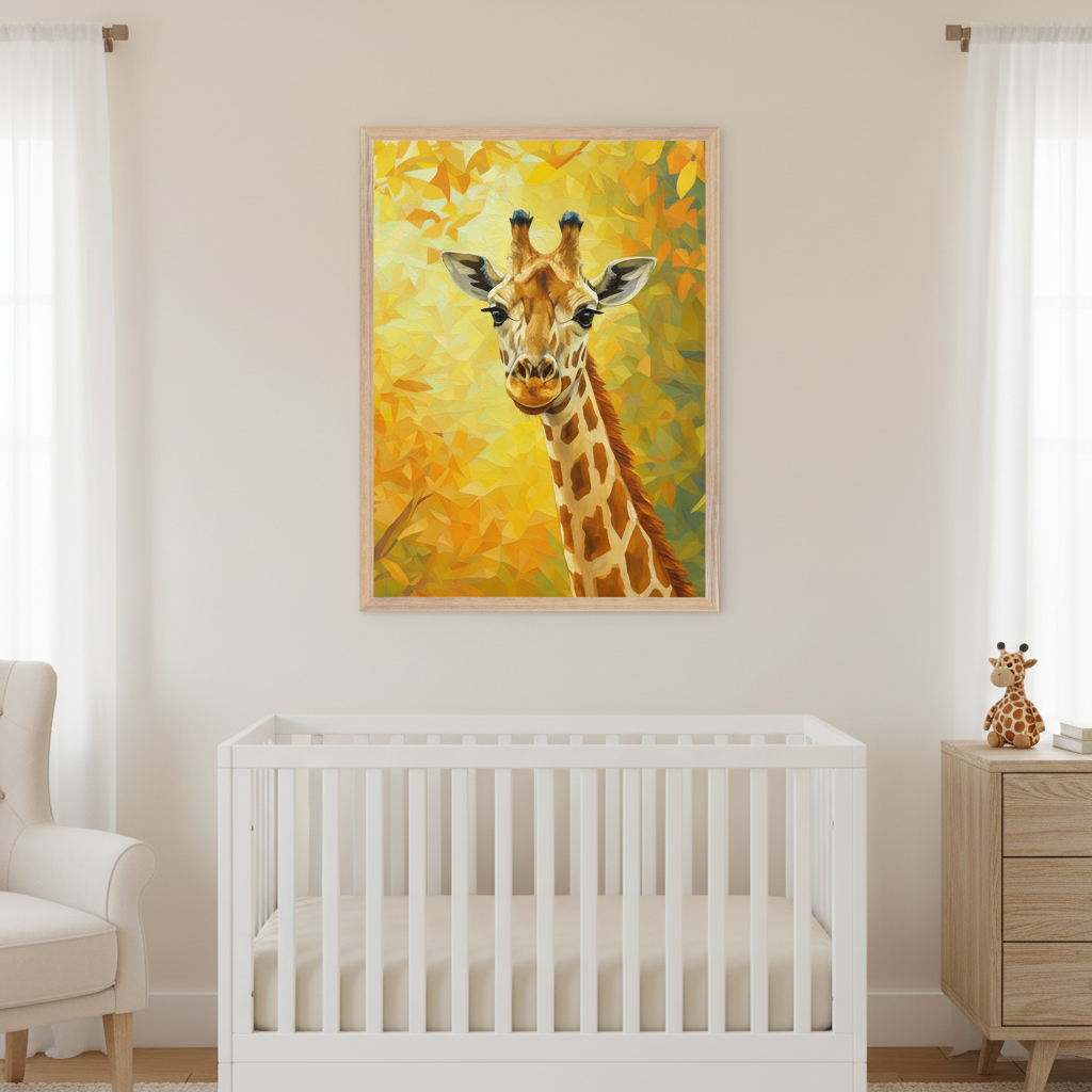 Nursery wall decorated with a bright giraffe painting set against a yellow-orange abstract leaf background, above a white crib with matching giraffe plush toys on nearby furniture.