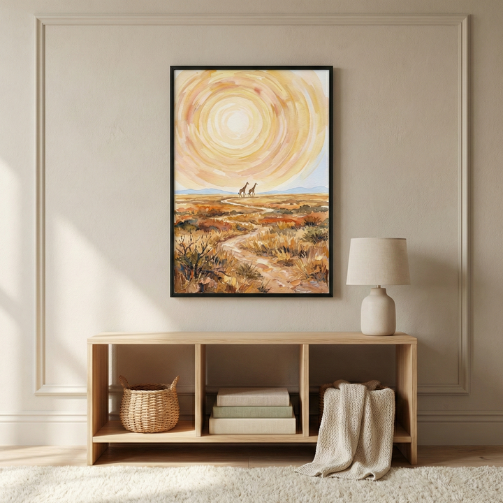 A vertical framed artwork hangs on a beige wall, centered within a rectangular molding detail. The illustration depicts an expansive savanna landscape under a massive, radiant sun created with concentric, swirling strokes of yellow and orange. In the distance, two small giraffe silhouettes walk along a winding path that leads through fields of golden and brown brush. The style of the image has a soft, watercolor-like quality.

Below the frame is a minimalist light-wood console table with three open cubbies.