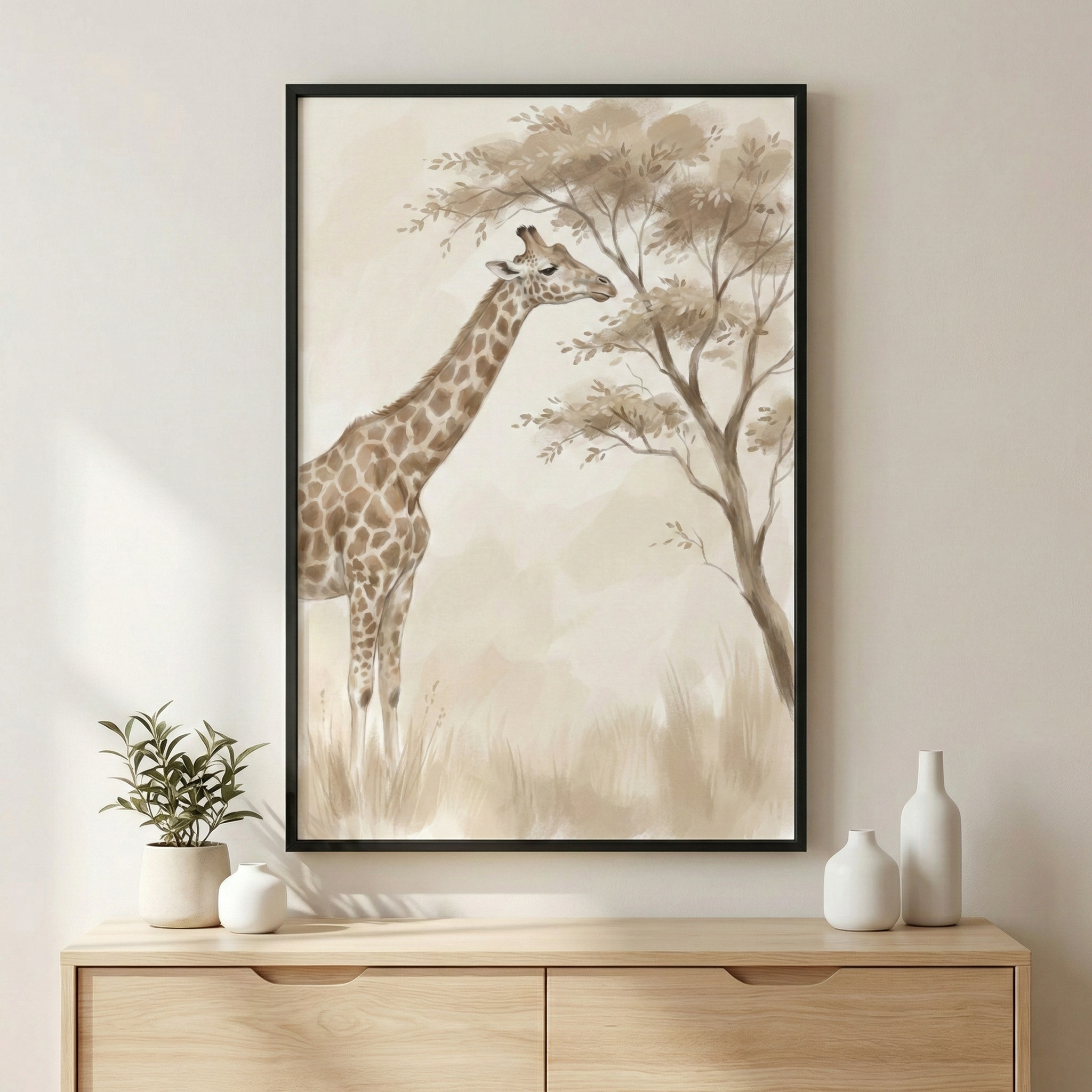 A framed piece of wall art is displayed above a wooden sideboard. The central focus of the artwork is a giraffe standing gracefully beside a tree with sparse foliage. The illustration uses a muted, sepia-toned color scheme with shades of tan, cream, and brown, creating a soft, artistic effect. The giraffe's characteristic patches are detailed in a darker brown hue. The landscape in the background is suggested with light washes of color and some textured brushwork representing tall grass at the base.
