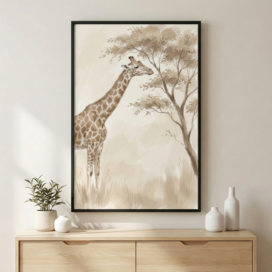 A framed piece of wall art is displayed above a wooden sideboard. The central focus of the artwork is a giraffe standing gracefully beside a tree with sparse foliage. The illustration uses a muted, sepia-toned color scheme with shades of tan, cream, and brown, creating a soft, artistic effect. The giraffe's characteristic patches are detailed in a darker brown hue. The landscape in the background is suggested with light washes of color and some textured brushwork representing tall grass at the base.
