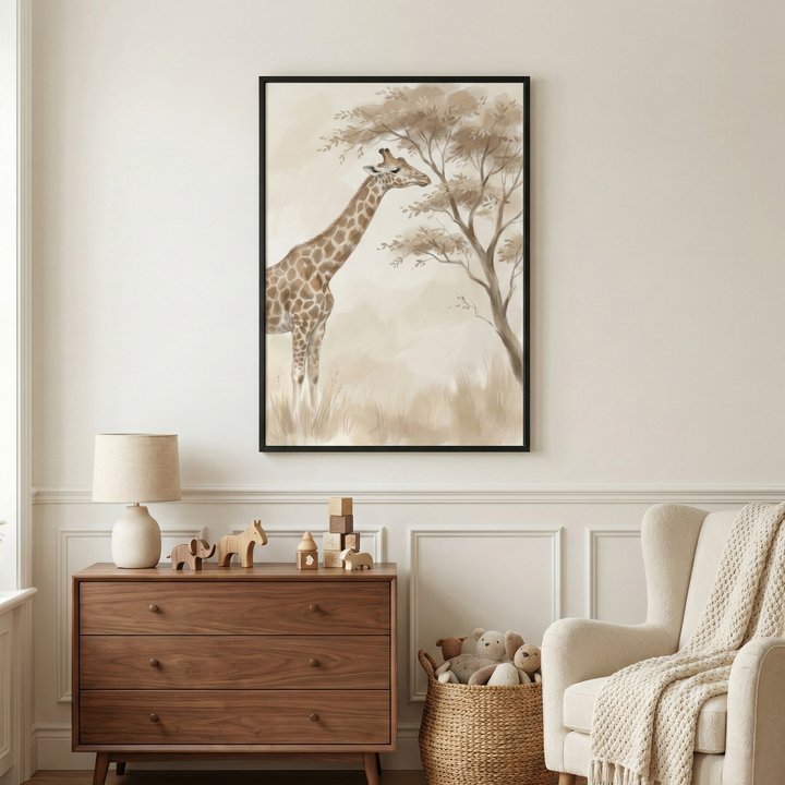 A framed artwork featuring a watercolor-style illustration of a giraffe in a savanna setting hangs on a light-colored wall. The giraffe is depicted in profile next to a sparse tree, all in muted earthy tones of beige and brown. Below the frame sits a three-drawer wooden dresser. On top of the dresser are a lamp with a neutral shade, a set of wooden toy animals including an elephant and a horse, and a few wooden building blocks. 