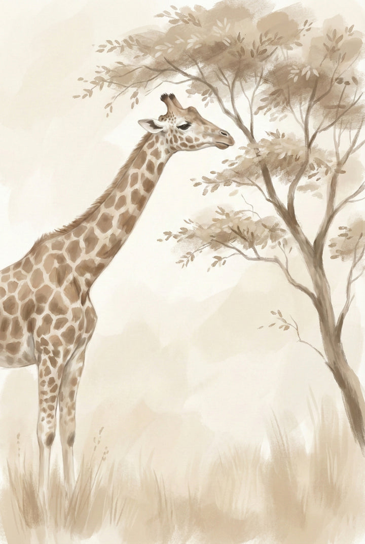 Soft neutral watercolor painting of a giraffe standing beside an acacia tree, rendered in warm beige tones with delicate savanna grass details.

