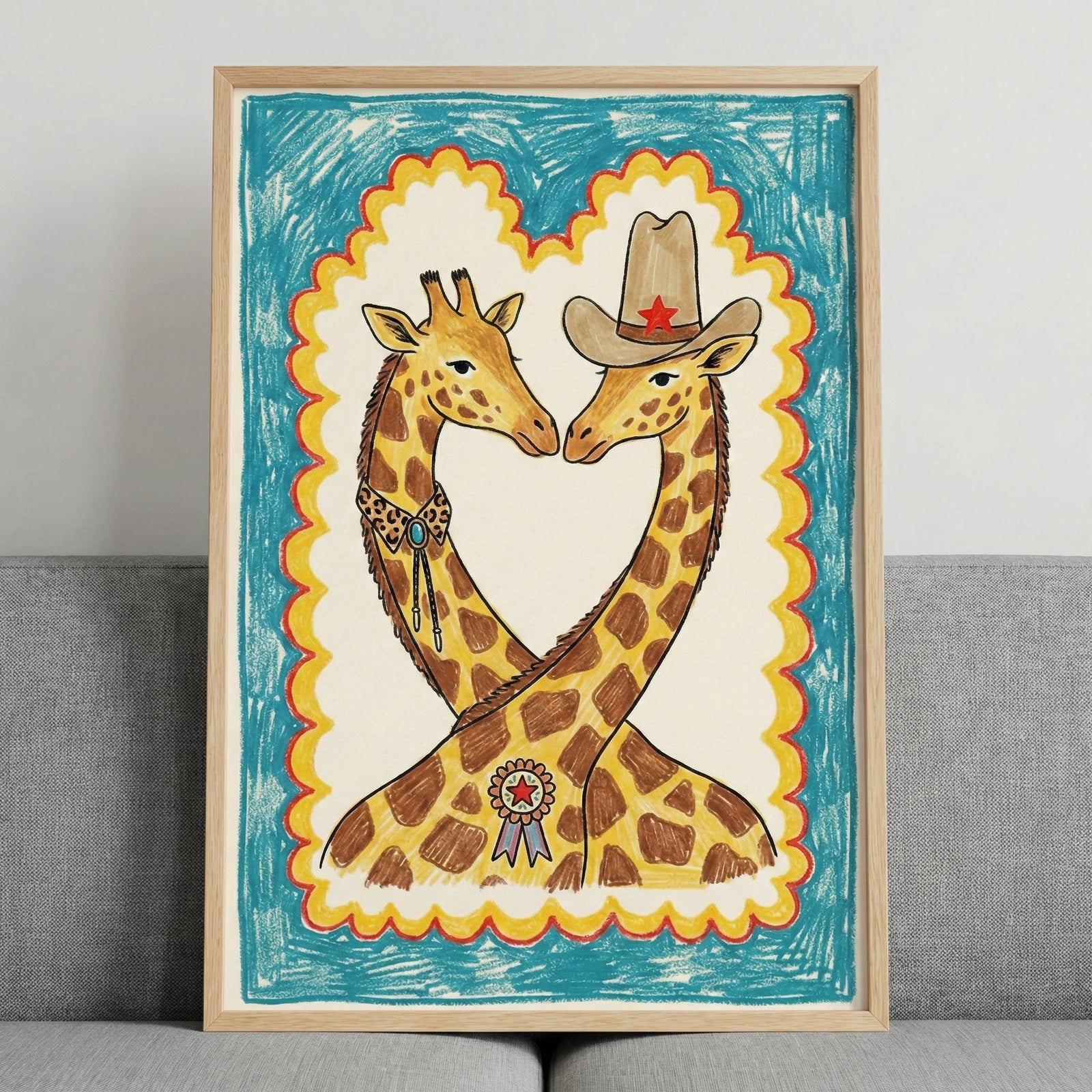 Framed illustration of two giraffes with intertwined necks, one wearing a cowboy hat with a red star and a ribbon on its chest, the other in a bolo tie. The artwork has a playful, western theme with a crayon-like blue and yellow scalloped border.