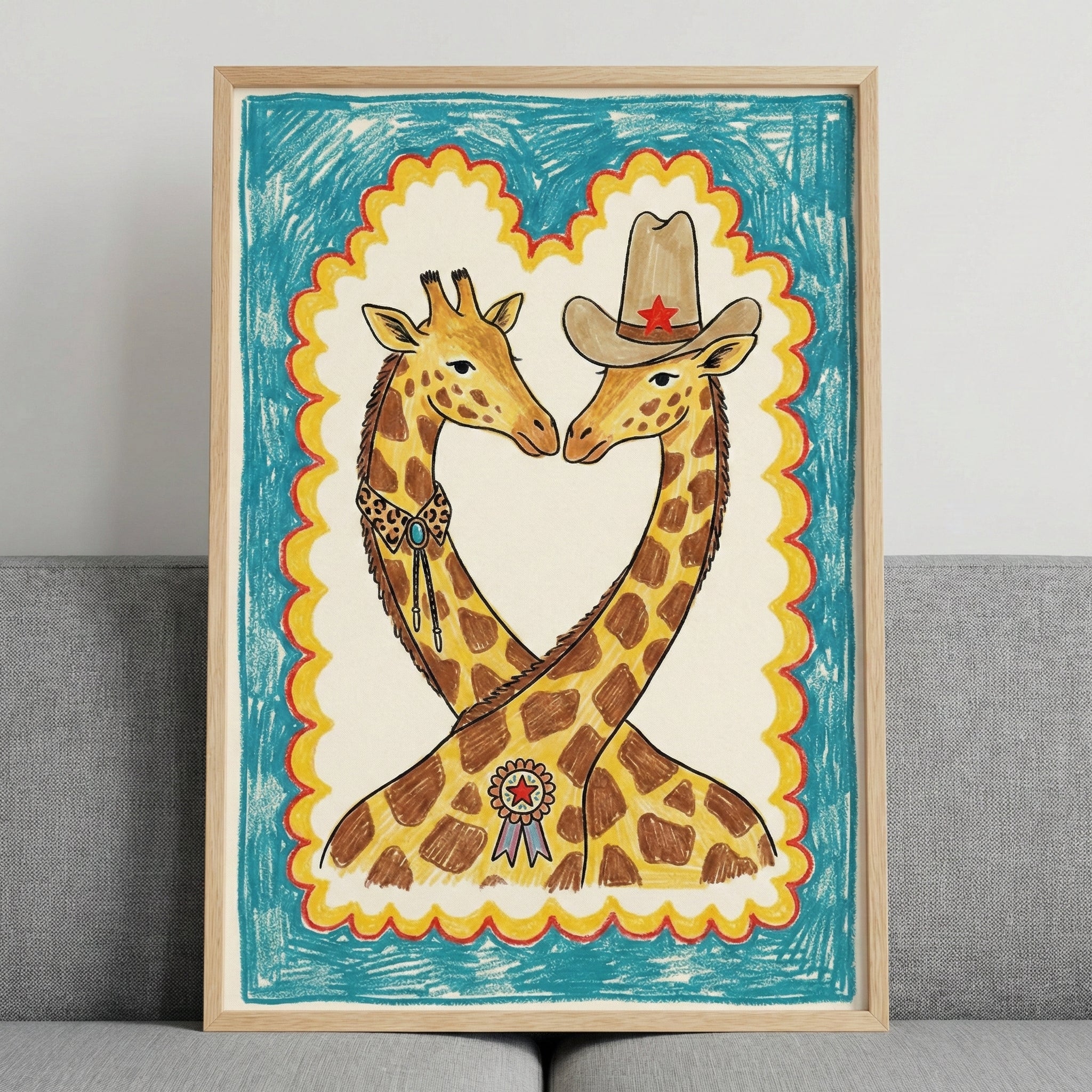 Cowboy Cuddles - Giraffe Framed Wall Art for Nursery, Playroom or Kids Bedrooms