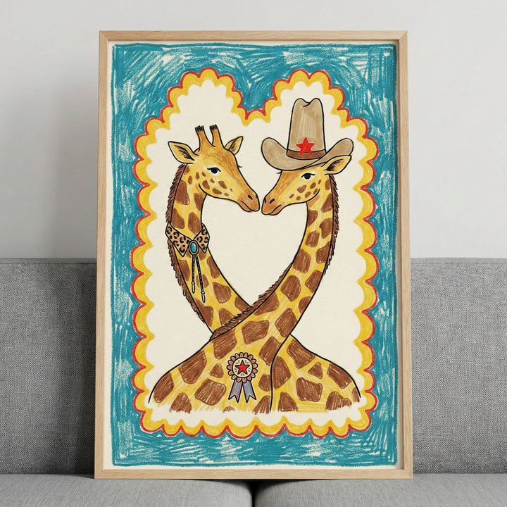 Framed illustration of two giraffes with intertwined necks, one wearing a cowboy hat with a red star and a ribbon on its chest, the other in a bolo tie. The artwork has a playful, western theme with a crayon-like blue and yellow scalloped border.
