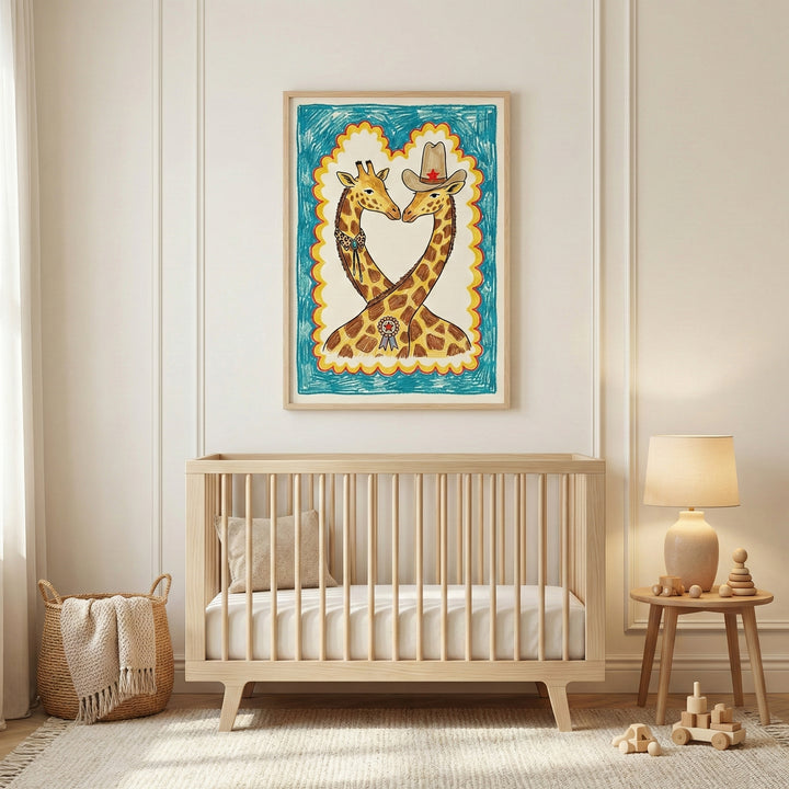 Western-themed giraffe illustration with cowboy accessories displayed above a light wood crib in a softly lit, neutral-toned nursery. The drawing features two giraffes facing each other lovingly, surrounded by a colorful border that adds a whimsical touch to the room decor.