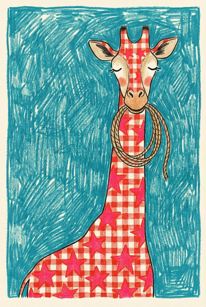 Whimsical illustration of a giraffe with eyes closed, its body covered in a red gingham pattern and decorated with large pink stars. The giraffe holds a lasso in its mouth, set against a blue crayon-textured background for a playful Western flair.