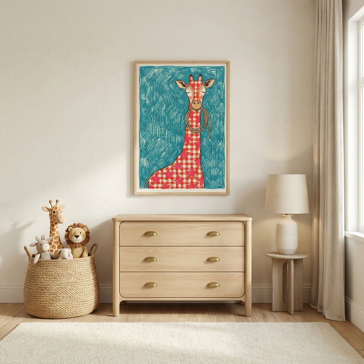 Framed artwork of a whimsically dressed giraffe with a red checkered and star-patterned body, hanging above a light wood dresser in a cozy nursery. The giraffe wears a lasso around its neck, adding a western flair to the colorful, child-friendly room.