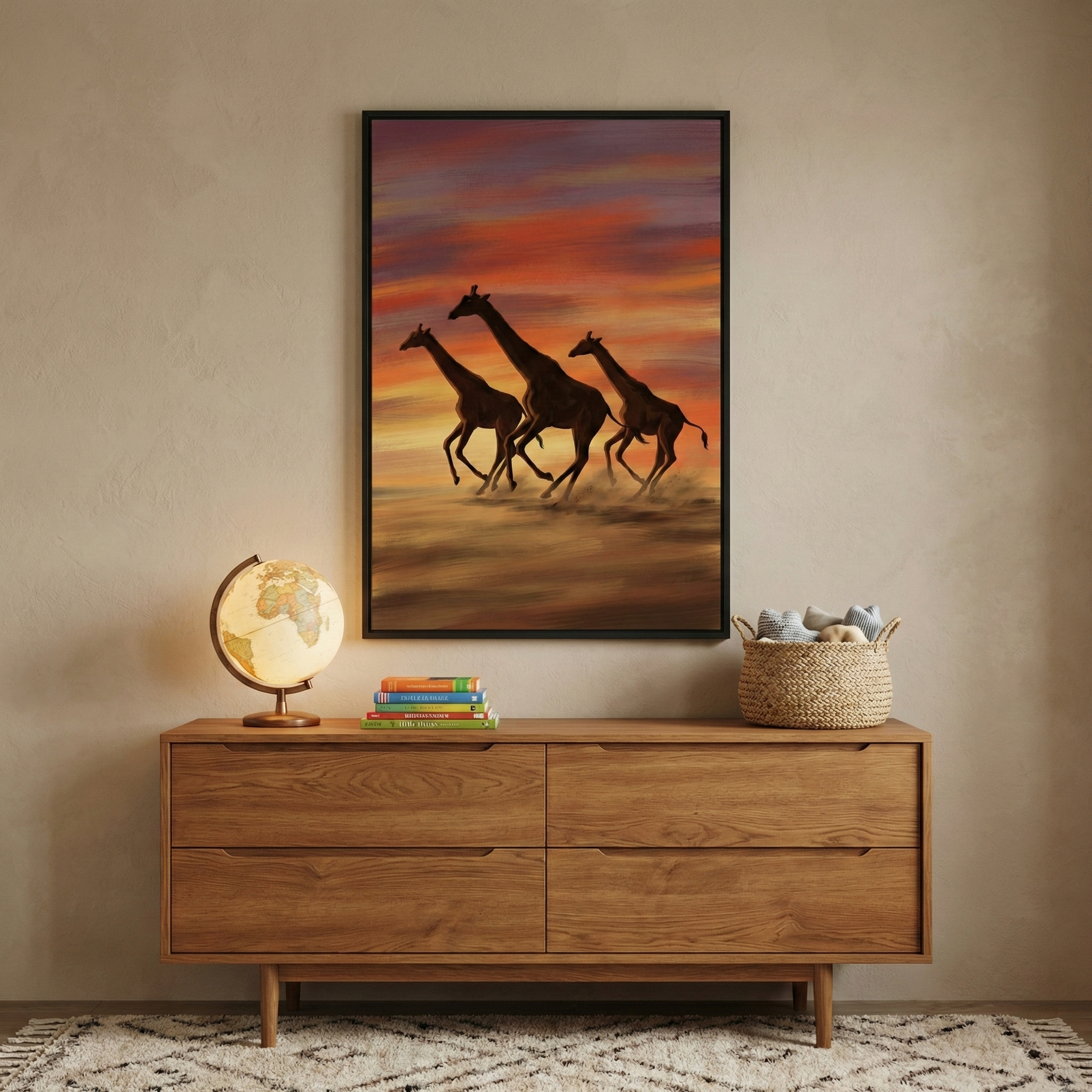 A vertical black-framed artwork hangs on a neutral, beige wall, serving as the room's focal point. The piece depicts three giraffes in silhouette, captured in mid-stride as they run across a dusty savanna. The background is a vibrant sky filled with horizontal strokes of orange, magenta, and deep purple, suggesting a sunset or sunrise. 

