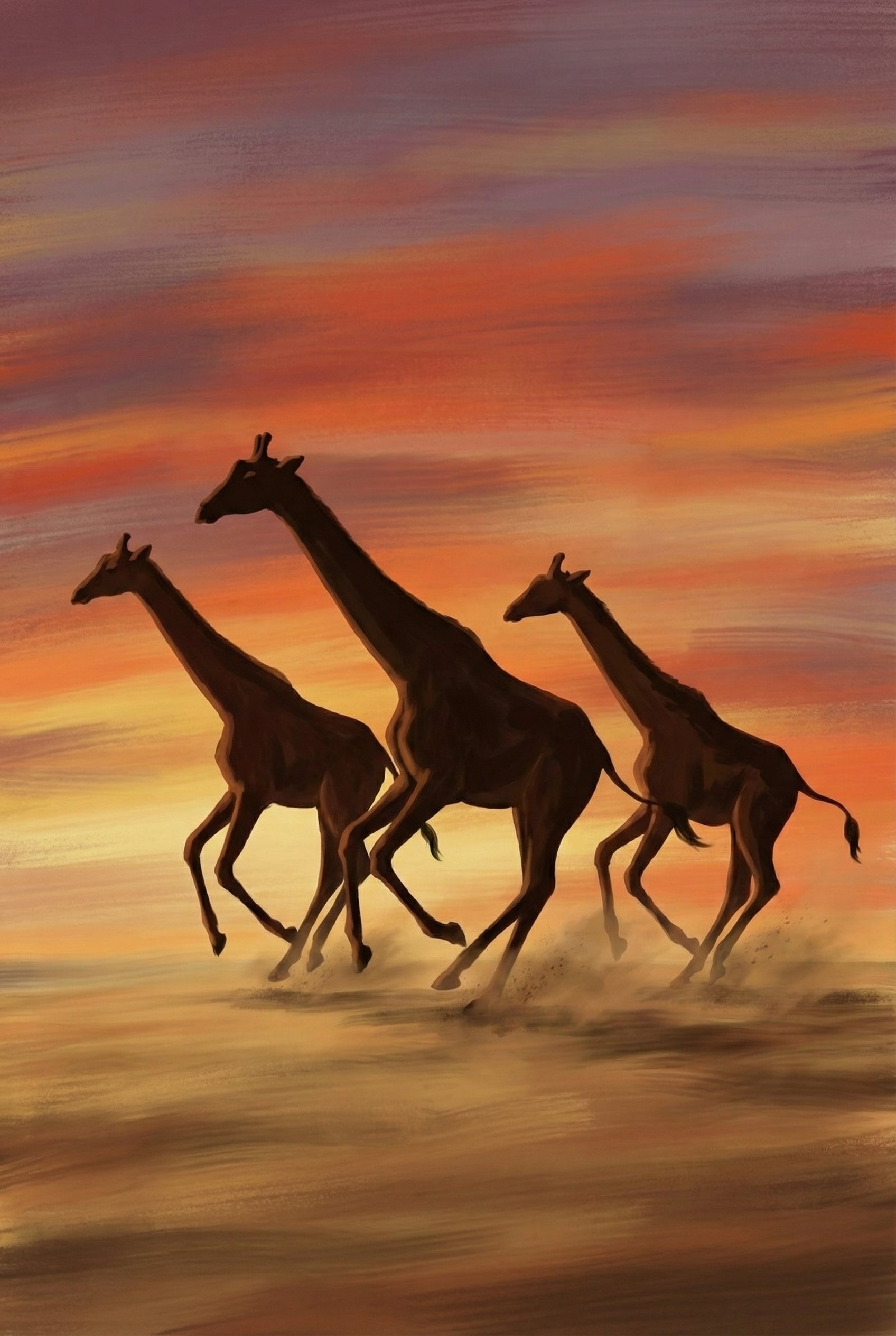 Three giraffes galloping across the open land, kicking up dust with a dramatic red-orange sunset sky behind them.

