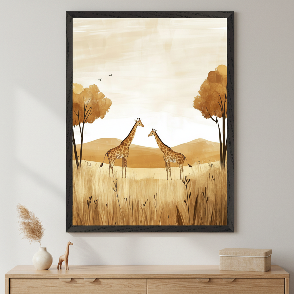 Modern room with a light wood dresser. A large black-framed watercolor painting depicts two giraffes in a sepia-toned savanna with trees and mountains, hanging centered above the dresser. A vase with dried grass and a small giraffe figurine are on the dresser.