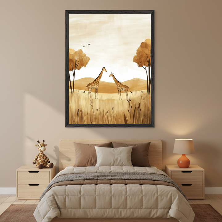 Modern kid's bedroom with a wooden bed, beige bedding, and two nightstands. A large framed painting of two giraffes in a golden savanna landscape with trees hangs centered above the bed. A stuffed giraffe is on the left nightstand.