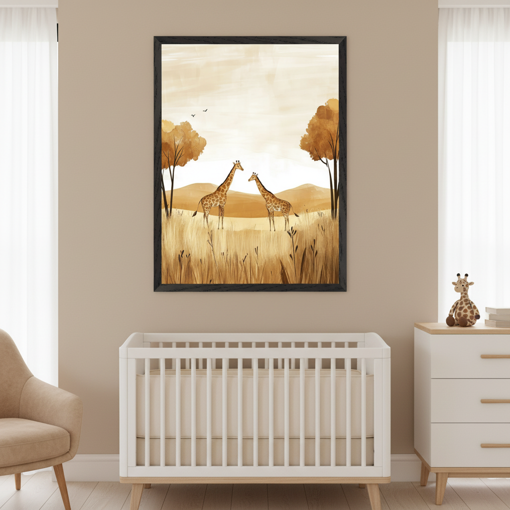 Modern nursery with a white crib and light wood dresser. A large black-framed painting of two giraffes in a golden watercolor savanna hangs centered above the crib. A stuffed giraffe sits on the dresser.