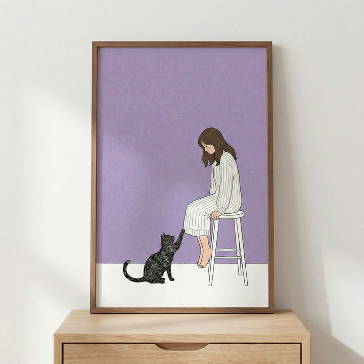 A minimalist illustration depicts a young woman with long brown hair sitting on a white stool. She wears a white striped dress and looks down at a black cat that is reaching up to touch her knee with its paw. The background features a solid lavender wall above a white floor. The framed artwork rests on a light-colored wooden dresser against a plain white wall, creating a serene and cozy atmosphere.