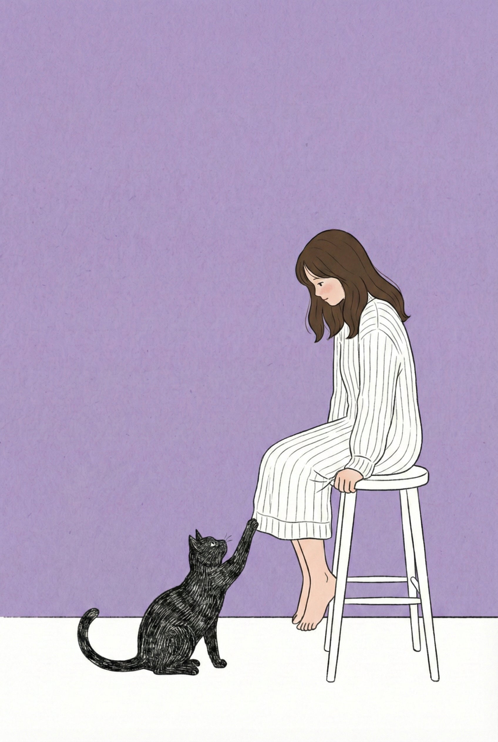 A girl in striped pajamas sits on a stool, gently looking down at a black cat reaching up with one paw to touch her knee. The background is pale purple.