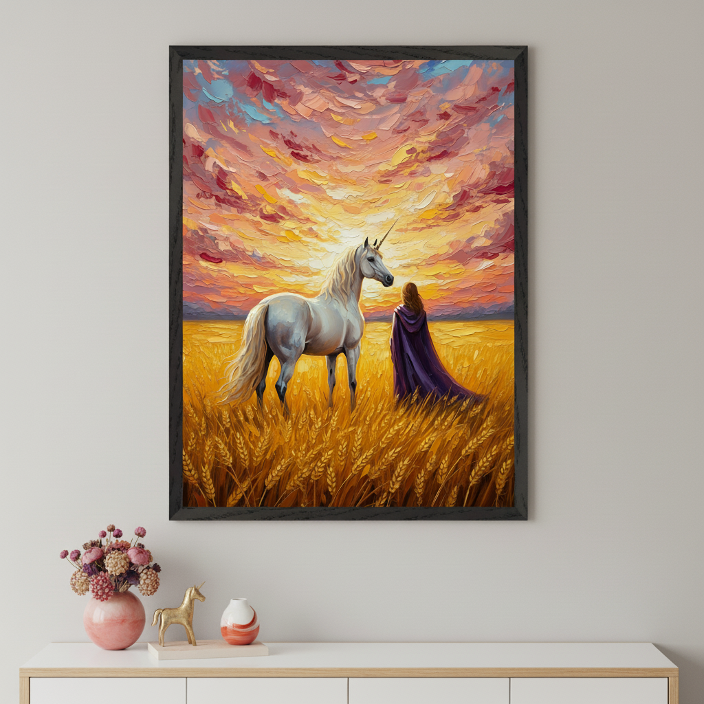 Modern room with a white dresser. A large black-framed impasto painting of a white unicorn and a person in a purple cloak in a golden wheat field at sunset hangs above the dresser. A vase of flowers and a unicorn figurine sit on the dresser.