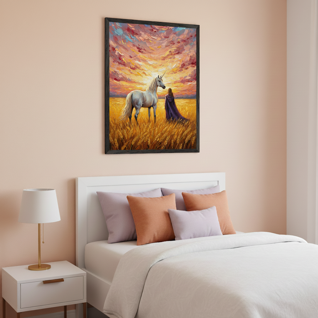 A bedroom with a white bed and nightstand. Large framed impasto wallart hangs centered above the bed, showing a white unicorn and a cloaked figure in a golden wheat field at sunset.